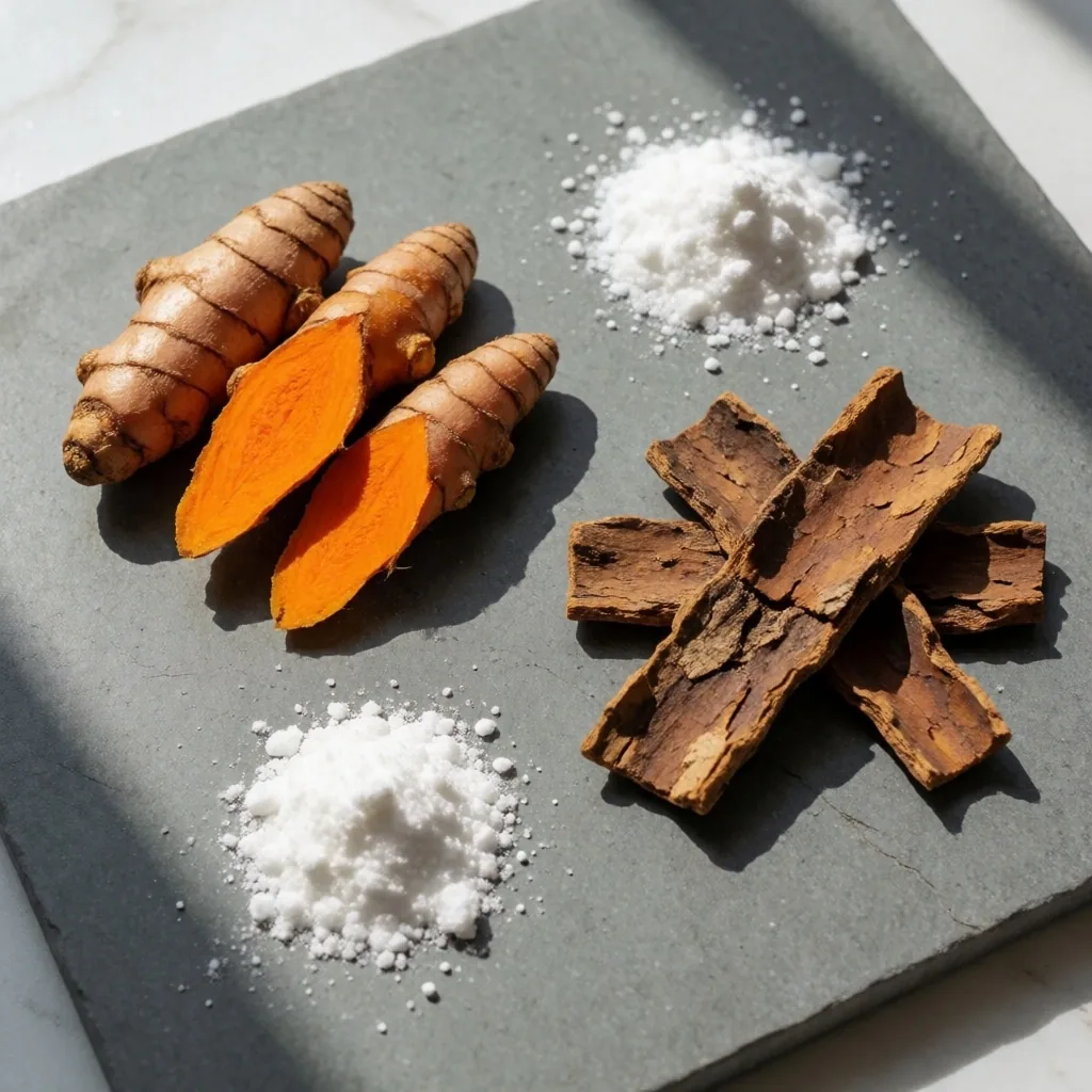 Botanical ingredients including turmeric, ginseng, and mineral powders arranged on a stone slab