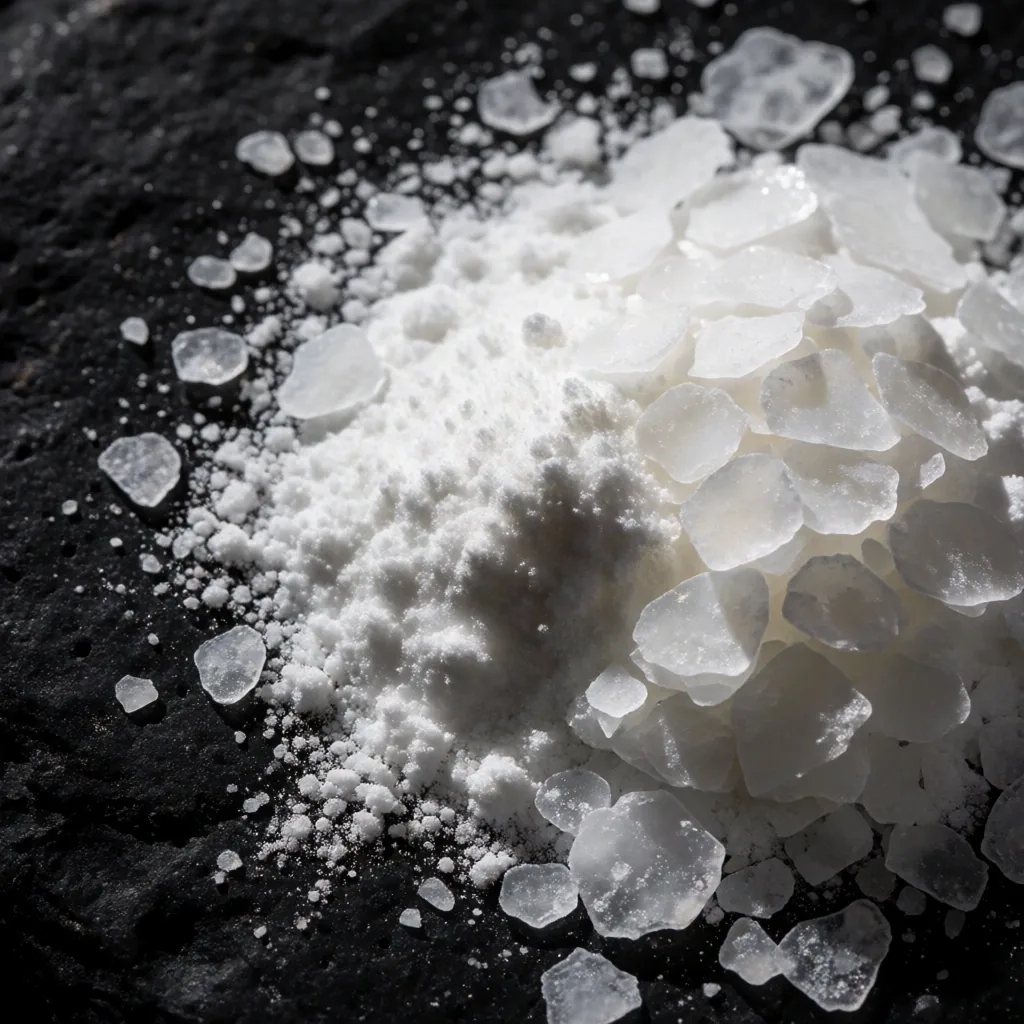 Crystalline powder on dark stone surface