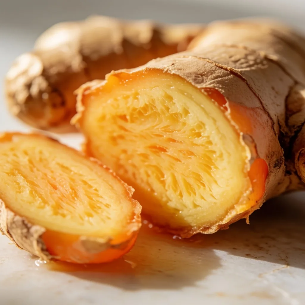 Macro photograph of sliced ginger root on a stone surface