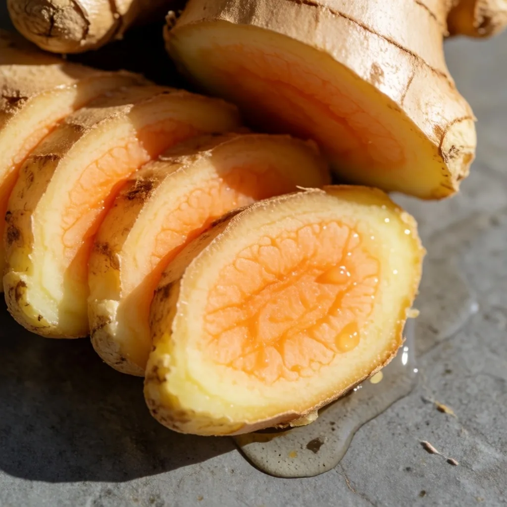 Sliced ginger root on a stone surface in morning studio light