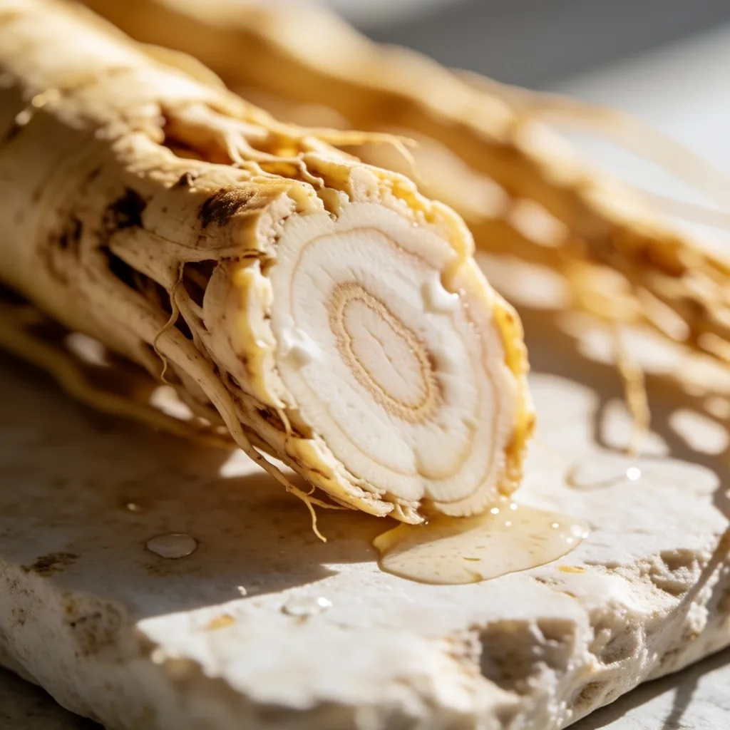 Fresh ginseng root cross-section on stone surface