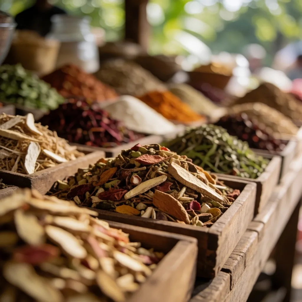 Indonesian botanical market with dried herbs and roots