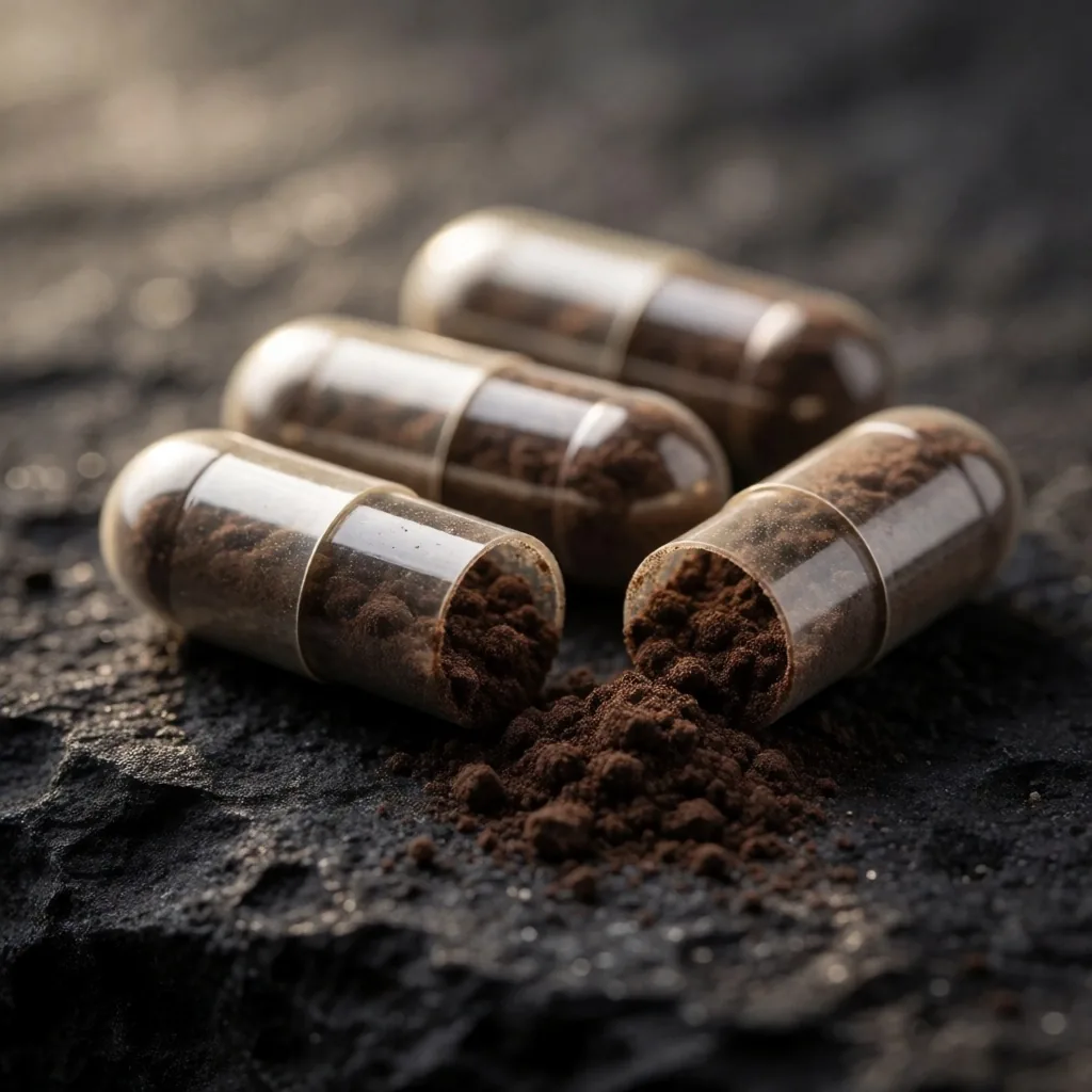 Natural botanical supplement capsules on stone surface