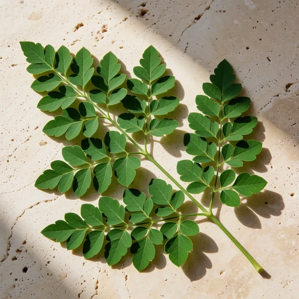 Fresh moringa leaves arranged on a light stone surface