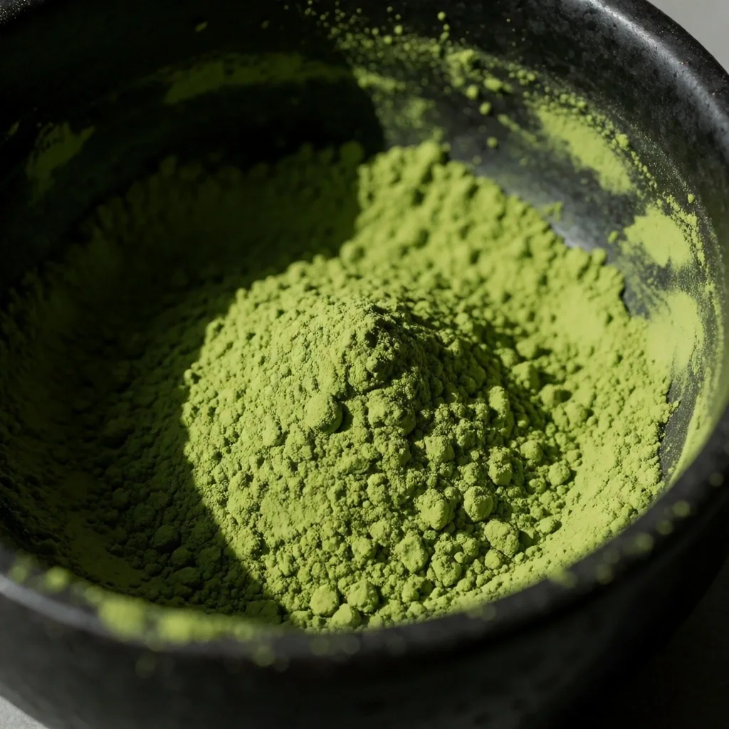Matcha green tea powder in a dark stone bowl under side light