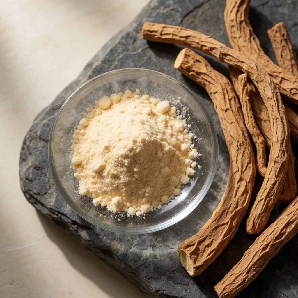 Ingredient samples and editorial notes on a stone surface