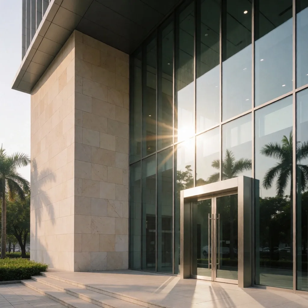 Modern building exterior in bright Indonesian morning light