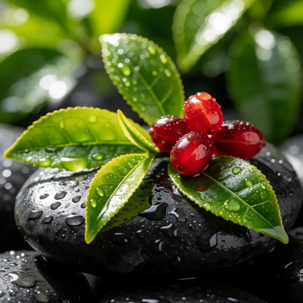 Green tea leaves and guarana on a wet stone surface