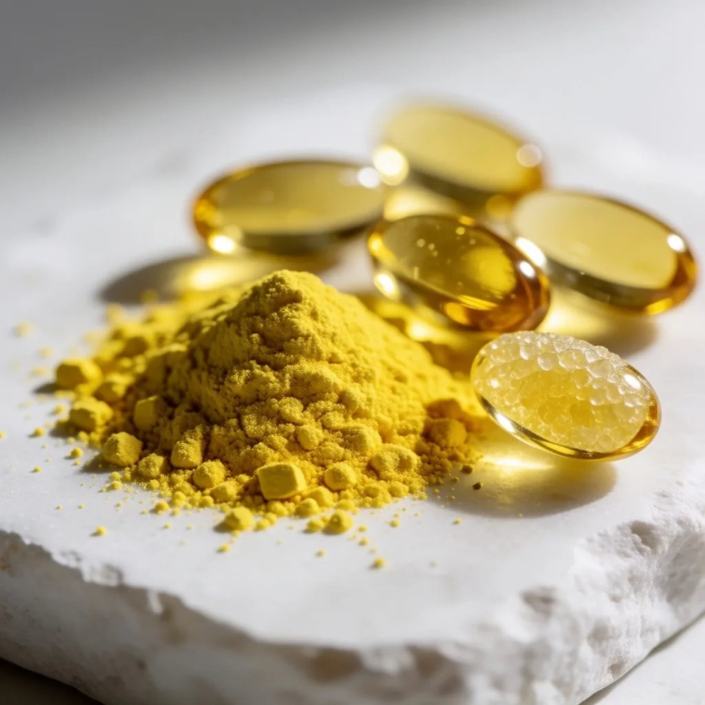 Natural supplement powder and capsules on a stone slab