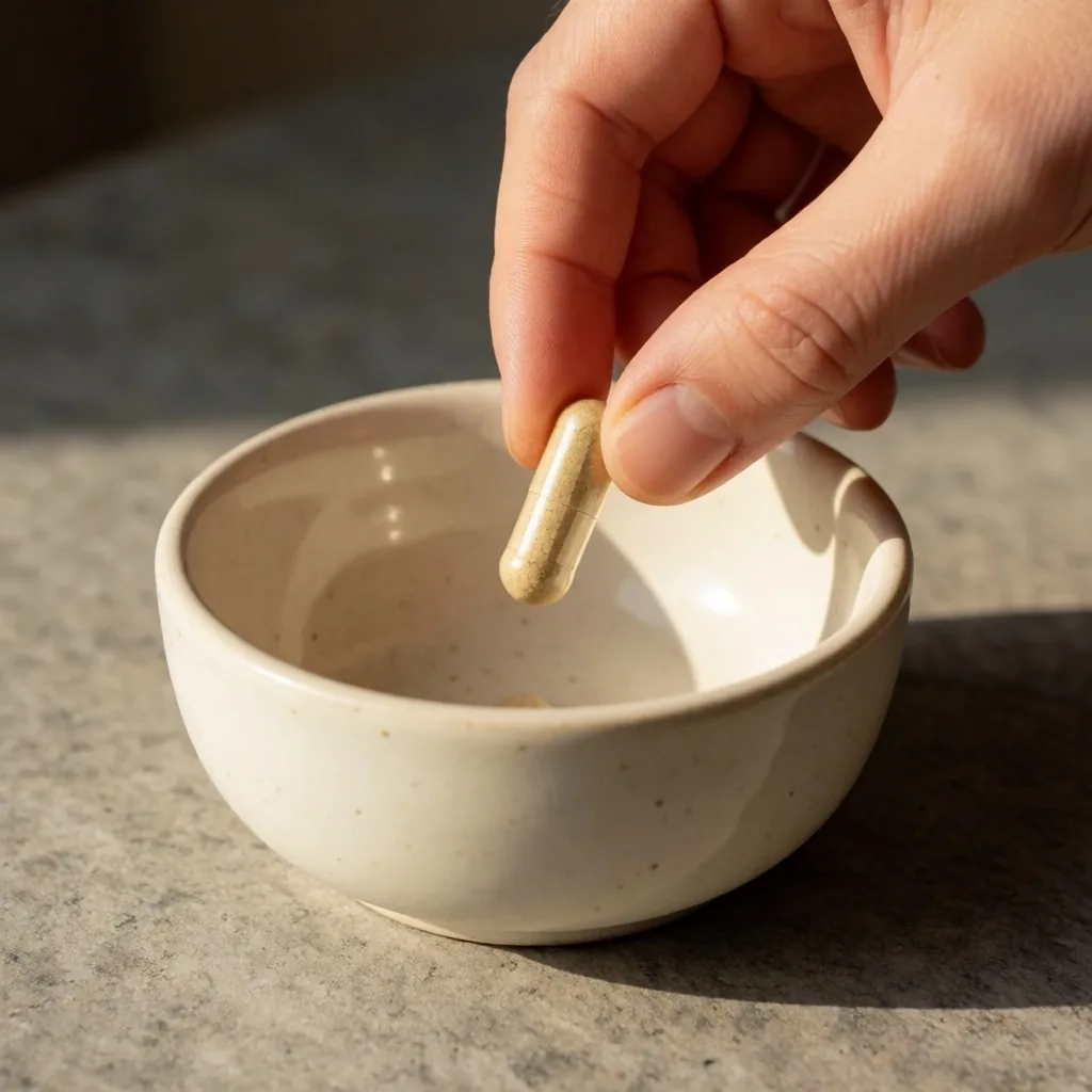 Natural capsule in a ceramic dish on a stone surface